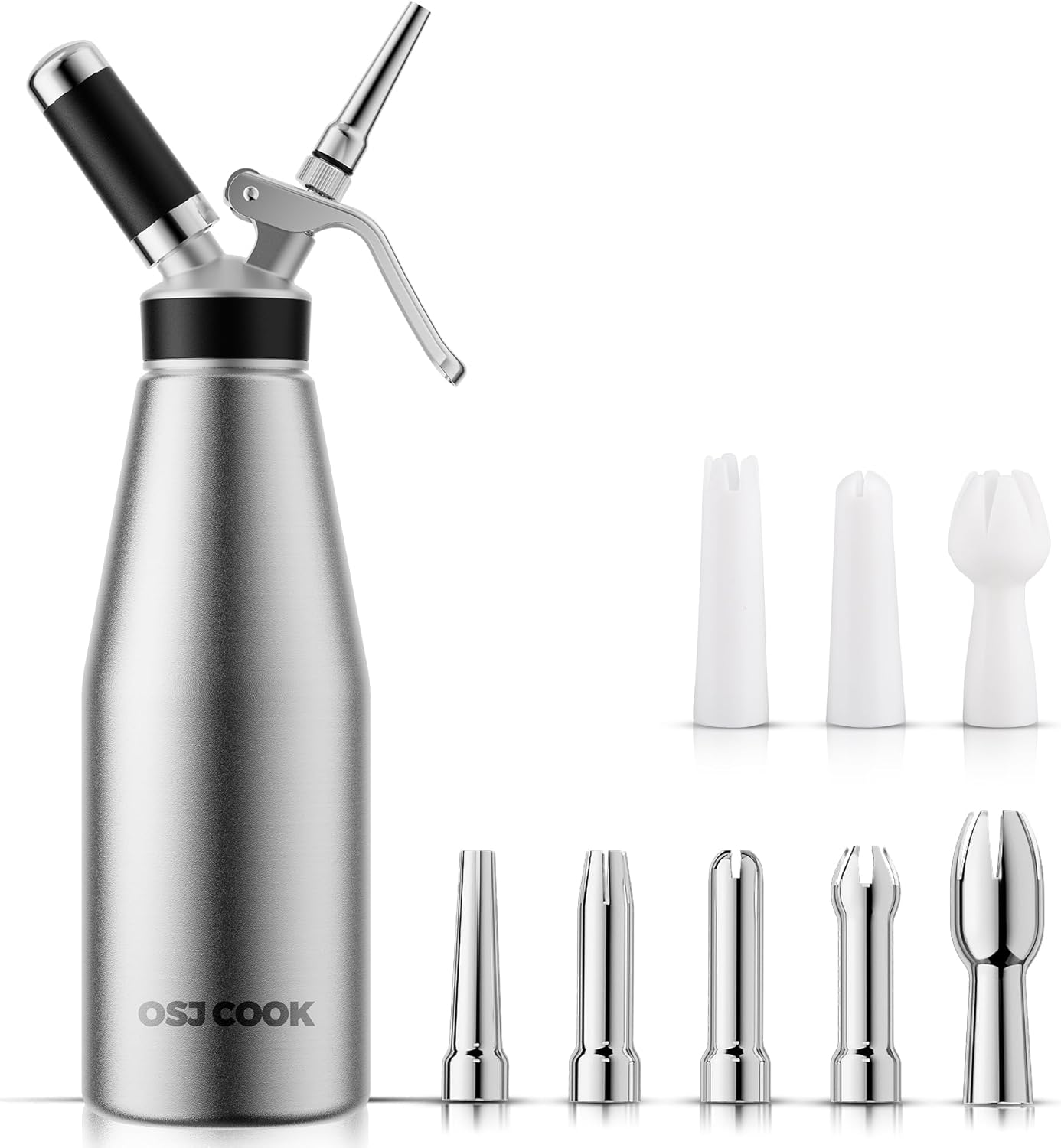 Professional Aluminum Whipped Cream Dispenser - 500 mL/1 Pint,Leak-Free Whipped Cream Maker Canister with 8 Decorating Nozzles & Cleaning Brush - N2O Chargers (Not Included) (Silver, 500ml)