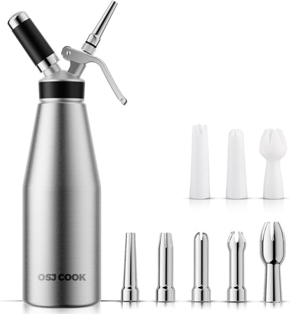 Professional Aluminum Whipped Cream Dispenser - 500 mL/1 Pint,Leak-Free Whipped Cream Maker Canister with 8 Decorating Nozzles & Cleaning Brush - N2O Chargers (Not Included) (Silver, 500ml)