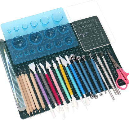 Basic Polymer Clay Tools, Clay Sculpting Tools Acrylic Roller Pin, Clear Rectangle Sheet Press Board, Double-Ended Pottery Carving Set for Beginner (15)