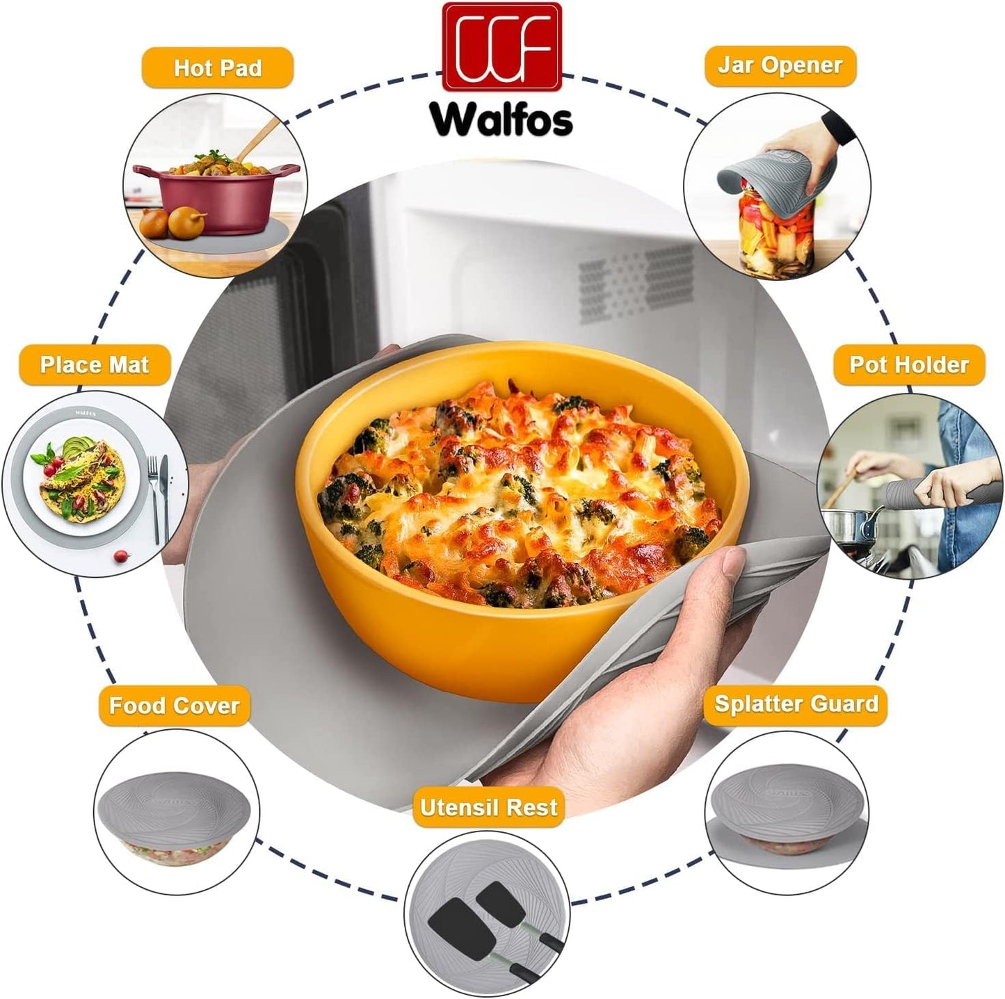 Walfos Silicone Trivet Mats - 4 Heat Resistant Pot Holders, Multipurpose Non-Slip Hot Pads for Kitchen Potholders, Hot Dishers, Jar Opener, Spoon Holder, Food Grade Silicone & BPA Free (Black)