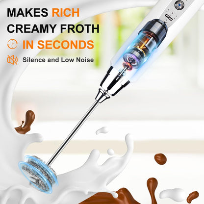 YUSWKO Black Handheld Milk Frother Wand for Coffee, Rechargeable Electric Whisk with 3 Heads 3 Speeds Drink Mixer Coffee Frother For Latte, Cappuccino, Hot Chocolate, Egg
