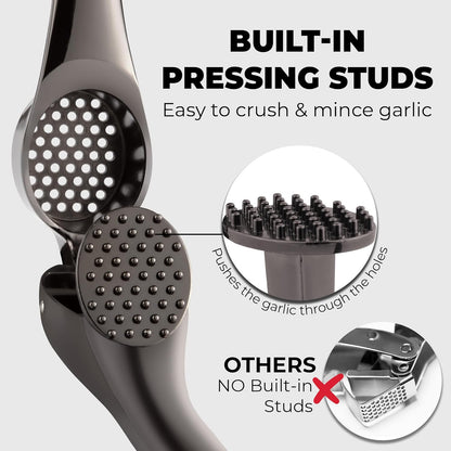 Zulay Kitchen Premium Garlic Press Set - Rust Proof Professional Garlic Mincer Tool - Easy-Squeeze, Easy-Clean with Soft, Ergonomic Handle - Silicone Garlic Peeler & Brush (Silver)