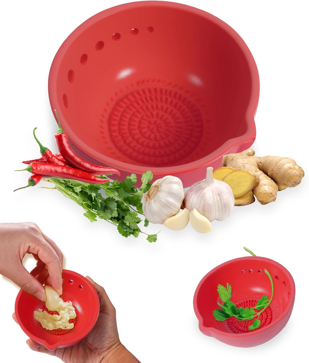 Herb Stripper & Garlic Grater, 2-In-1 7-Hole Design Herb Stripper Bowl, Built-in Garlic Grater Plate for Kale, Chard, Collard Greens, Thyme, Basil, Rosemary (Red)