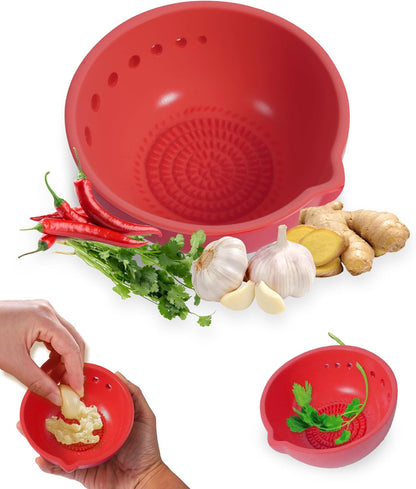 Herb Stripper & Garlic Grater, 2-In-1 7-Hole Design Herb Stripper Bowl, Built-in Garlic Grater Plate for Kale, Chard, Collard Greens, Thyme, Basil, Rosemary (Red)