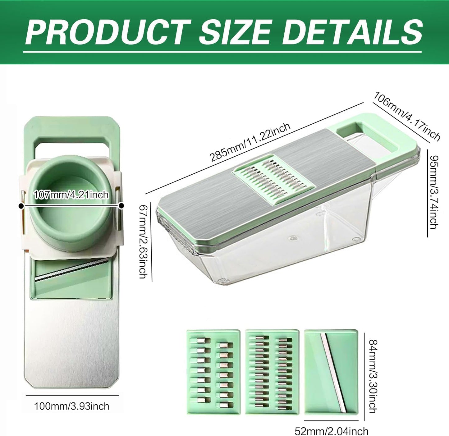 Mandolin Slicer For Kitchen Food，Hand Safe Veggie Chopper with Container and Lid, Dicer, Slicer,3 Mandoline Blades Vegetable Cutter For Onion，Potato，Carrot，Essential Kitchen Gadgets-(6 in 1, Green)，