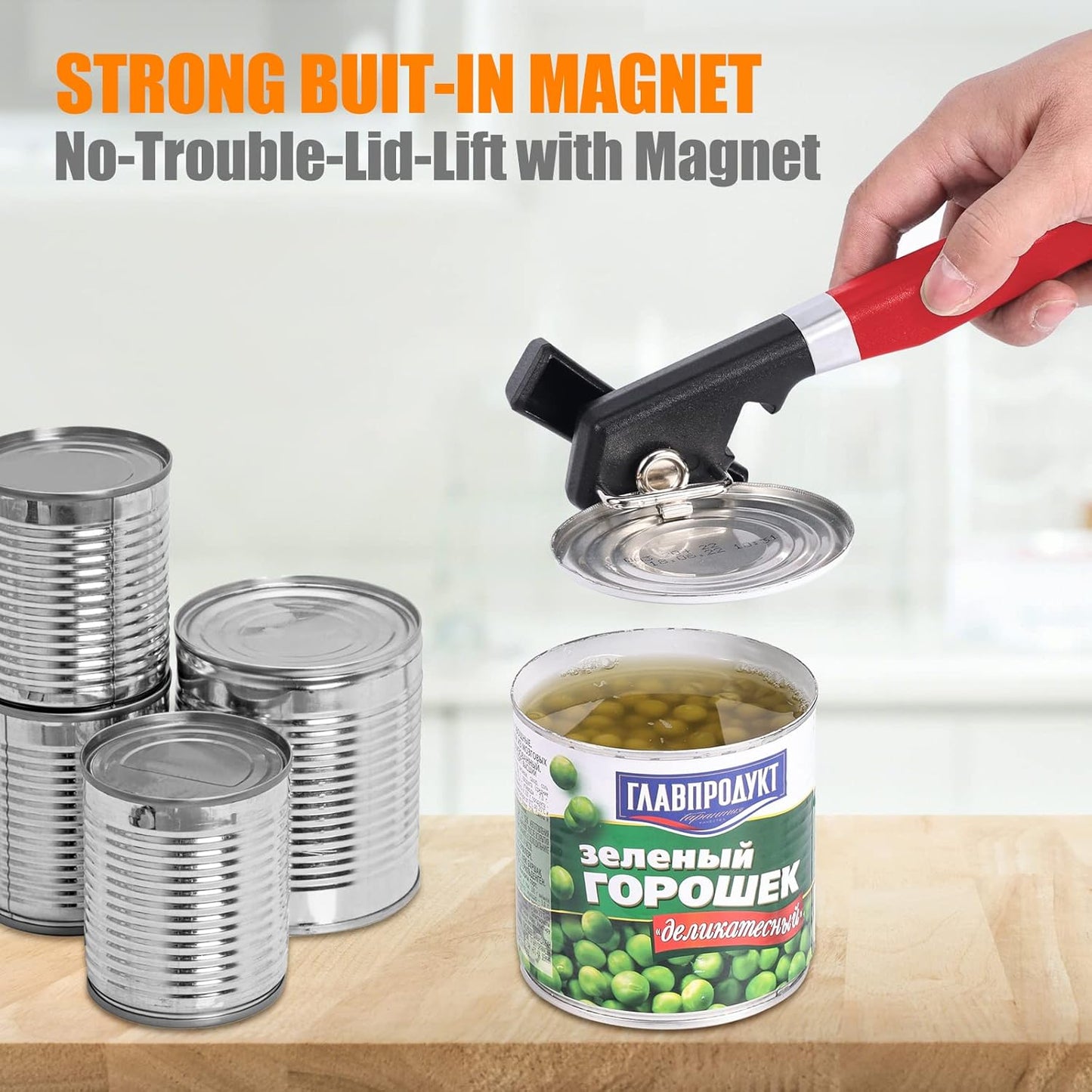 Side Cut Can Opener Smooth Edge, Safety Can Opener with Durable Sharp Blade, Big & Soft Turn Knob & Comfortable Non-Slip Handle, Black