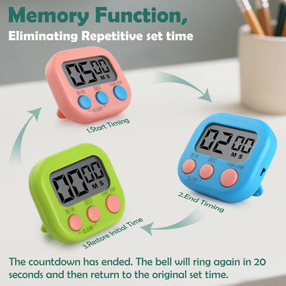 GeeRic Kitchen Timers 4 Pack, Electronic Timers with Loud Alarm for Cooking, Magnetic Digital Timers Big LCD Display Blue Green Pink White (No Battery Included)