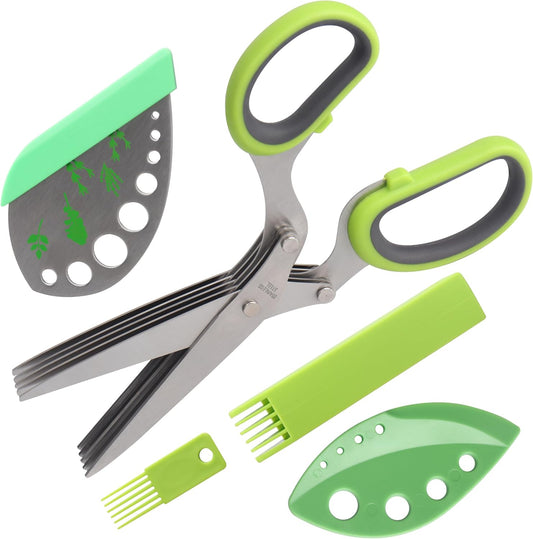 LUVCOSY Herb Scissors, Premium Stainless Steel 5 Blade Kitchen Salad Scissors Dishwasher Safe, Sharp and Convenient 5 Blade with Safety Cover, Herb Stripping Tool and Cleaning Comb