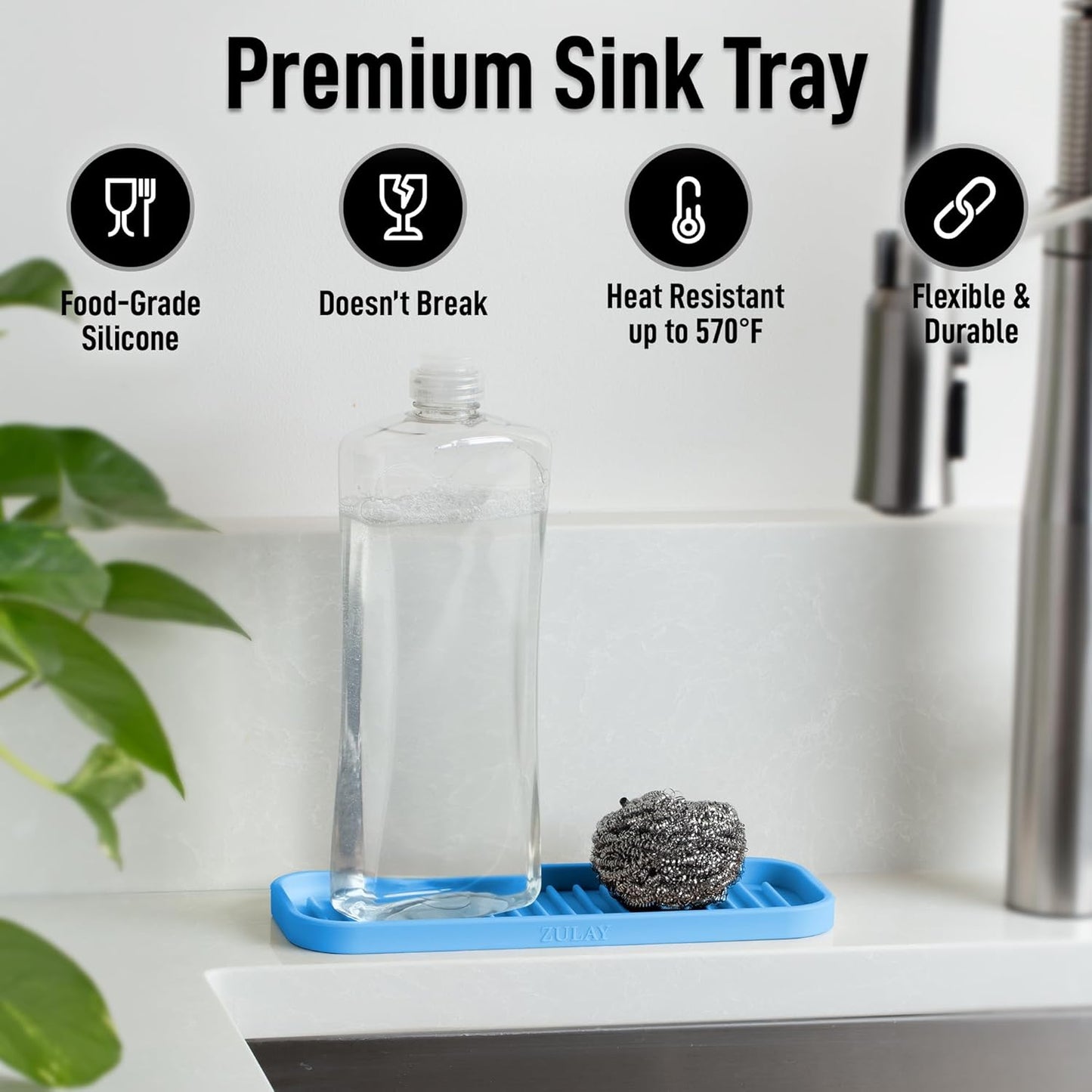 Zulay Kitchen (9x3.5in Sponge Holder for Kitchen Sink - Flexible Heavy-duty Multipurpose Sink Caddy - Counter Organizer for Kitchen, Bathroom, Makeup, Trinkets & More! (Grey)