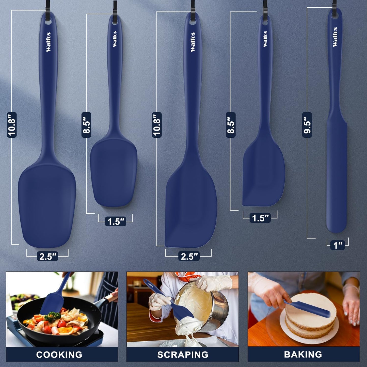 Walfos Silicone Spatula Set of 5 - (600°F) High Heat Resistant Kitchen Scraper Spatulas, One-Pieces Seamless Design, Perfect for Cooking Mixing & Baking - BPA Free and Dishwasher Safe,black
