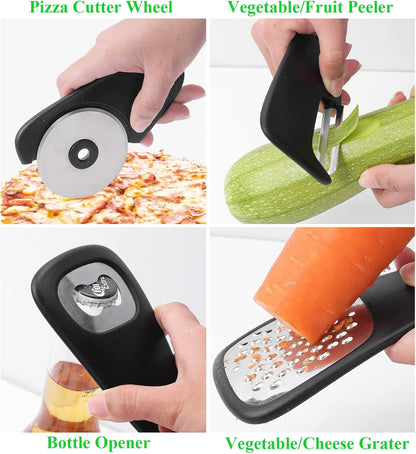 Kitchen Gadgets Set 6 Pieces, Space Saving Cooking Tools Kitchen Accessories-Garlic/Ginger Grinder, Cheese Grater, Vegetable/Fruit Peeler, Pizza Cutter, Herb Stripper, Bottle Opener, Gadgets Gift Set