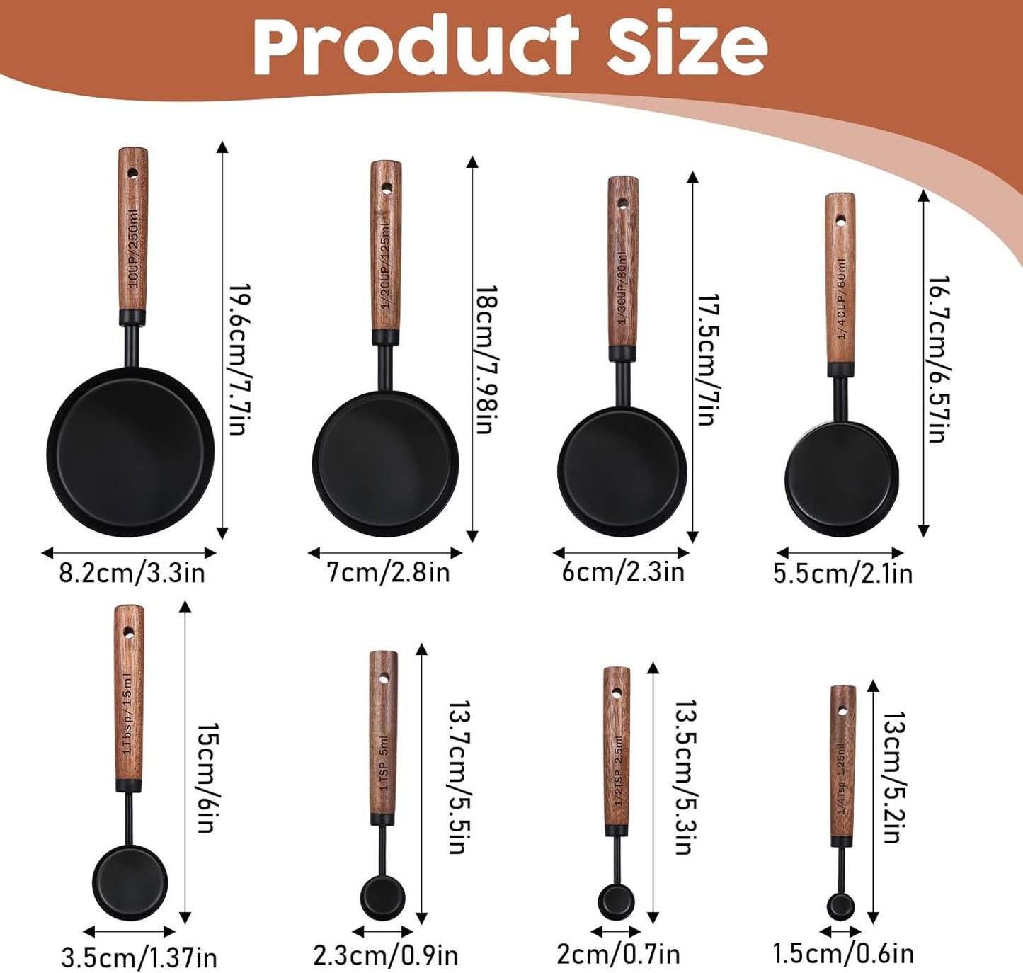 Stainless Steel Measuring Cups Set and Measuring Spoons Wooden Handle Metal Measure Cups and Spoons for Cooking and Baking, Gold, 8 Piece