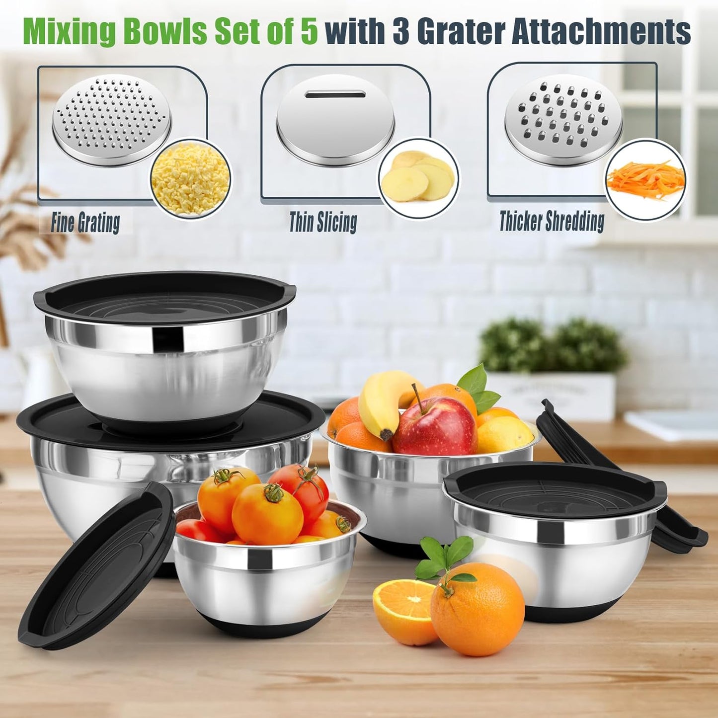 P&P CHEF Mixing Bowl with Lid Set, 5 Piece Stainless Steel Mixing Nesting Bowls for Salad Storage, 3 Grater Attachments & Non-Slip Bottoms, Size 1/1.5/2 / 2.6/4.6 QT, Multicolor