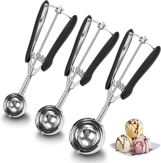 Cookie Scoop Set of 3,Color-Coded Cookie Scoops for Baking with Engraved Sizes,18/8 Stainless Steel Ice Cream Scoop with Non-Slip Soft Rubber Handles,Dough Scoopers for Cupcakes,Meatballs,Muffins