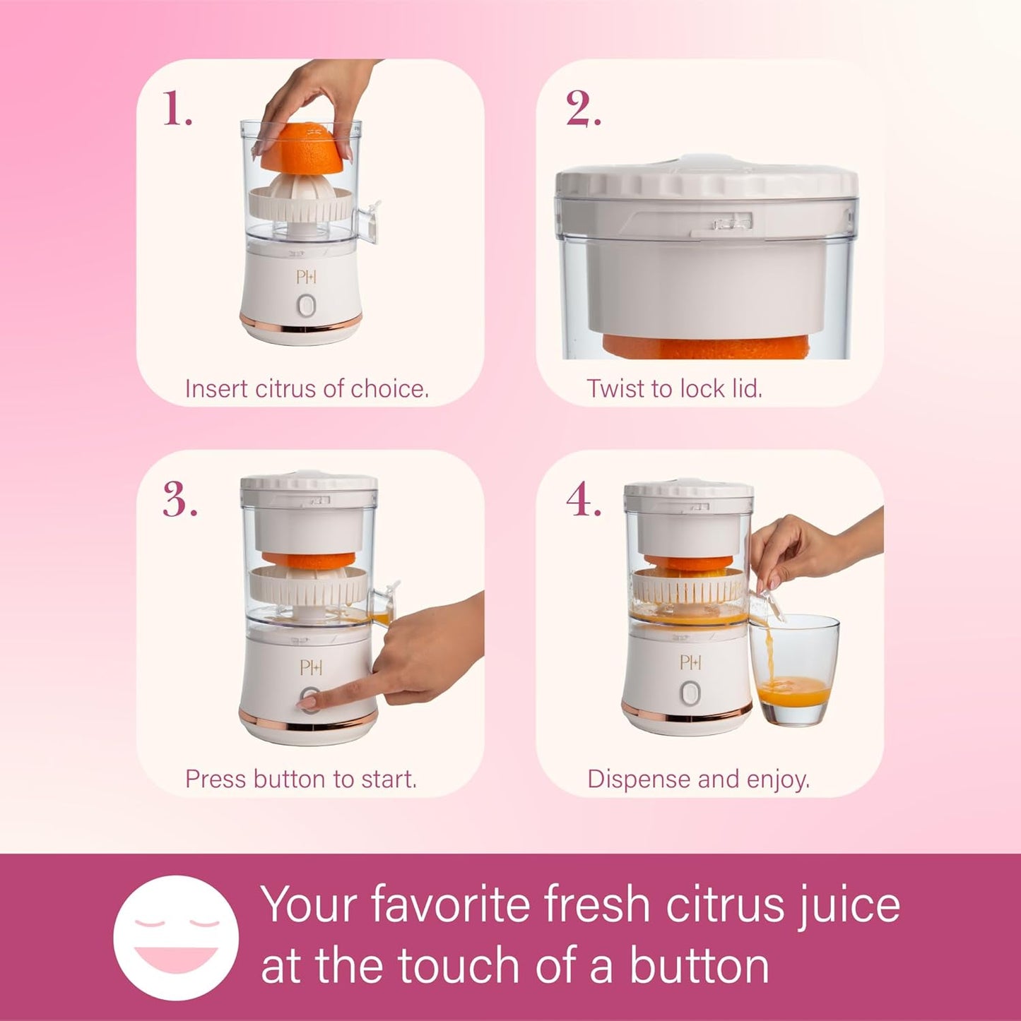 Paris Hilton Electric Citrus Juicer, Mini Portable Cordless Juicer with USB Rechargeable Base, One-Touch Button, Compact Lemon, Lime and Orange Juicer, Pink