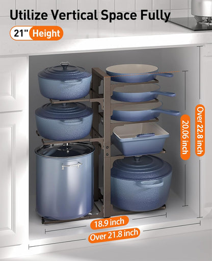 ORDORA Pots and Pans Organizer for Cabinet 16.61 Height, 8 Tier Pot Organizers Rack with 3 DIY Methods, Adjustable Pan Organizer under Cabinet Kitchen Organization and Storage