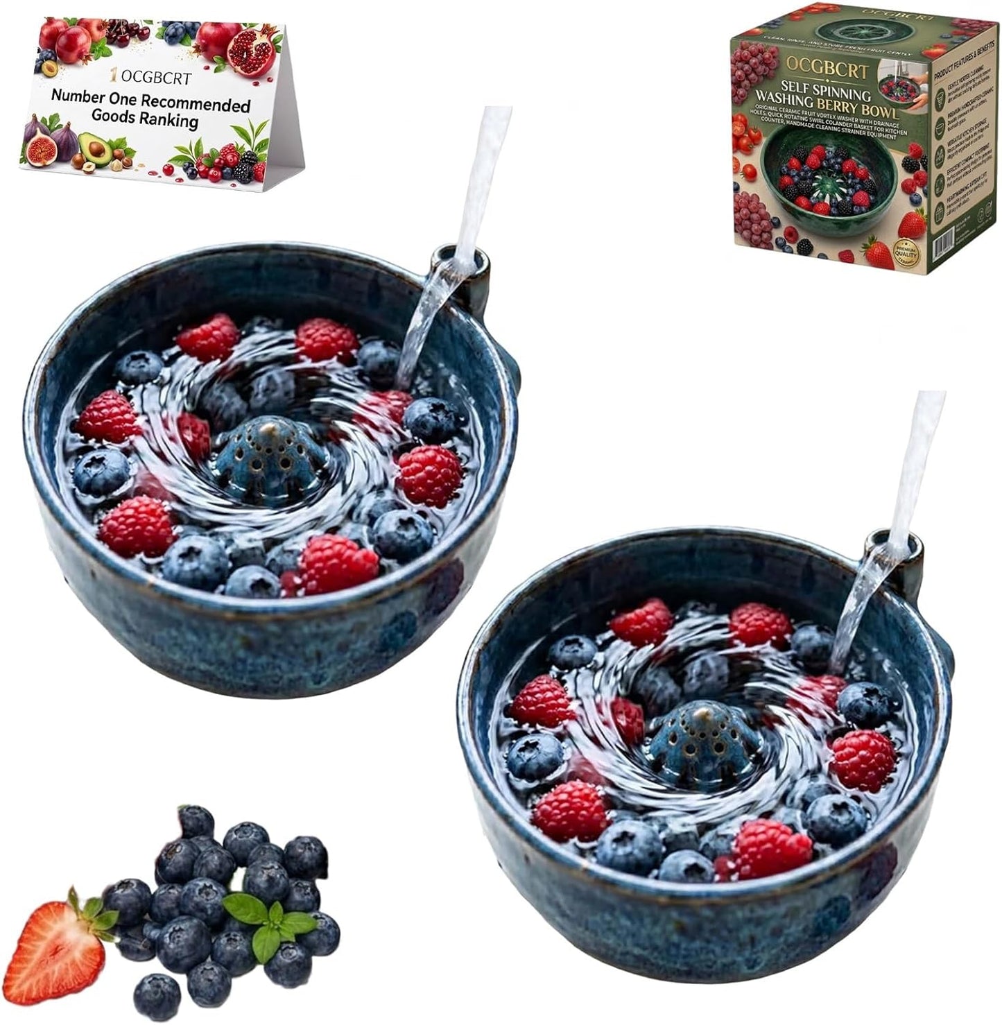 Self Spinning Washing Berry Bowl, Original Ceramic Fruit Vortex Washer with Drainage Holes, Quick Rotating Swirl Colander Basket for Kitchen Counter, Handmade Cleaning Strainer Equipment