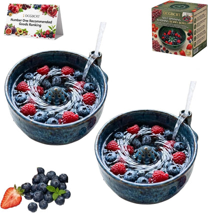 Self Spinning Washing Berry Bowl, Original Ceramic Fruit Vortex Washer with Drainage Holes, Quick Rotating Swirl Colander Basket for Kitchen Counter, Handmade Cleaning Strainer Equipment