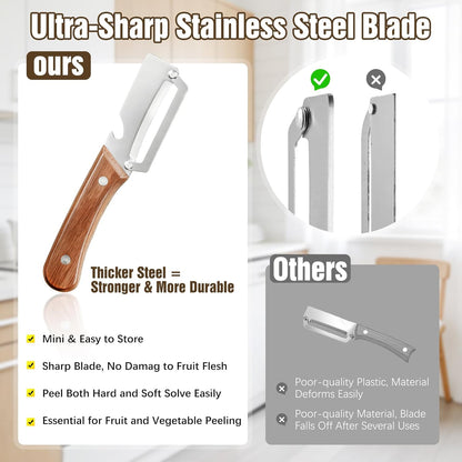 Left & Right Hand Vegetable Peeler Set with Scallion Slicer & Bottle Opener, Heavy-Duty Thick Stainless Steel Blade, Multi-Function Kitchen Peeler with Wooden Handle for Fruits & Vegetables(New 2pcs)
