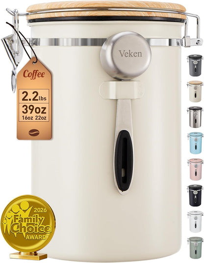 Veken Coffee Canister, Airtight Stainless Steel Kitchen Food Storage Container with Date Tracker and Scoop for Beans, Grounds, Tea, Flour, Cereal, Sugar, Cookie, 16OZ, Cream