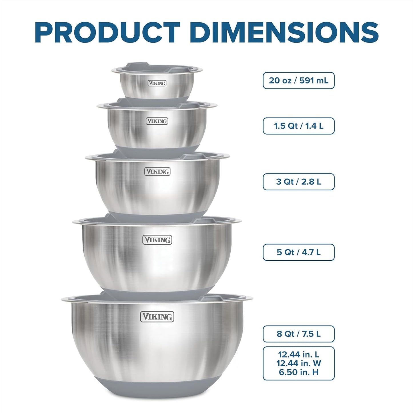 Viking Mixing Bowls Set, 10 Piece Stainless Steel Kitchen Cookware, Non-Slip Silicone Base, Includes Tight Fit Lids, Dishwasher Safe, Black