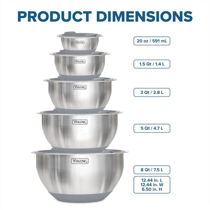 Viking Mixing Bowls Set, 10 Piece Stainless Steel Kitchen Cookware, Non-Slip Silicone Base, Includes Tight Fit Lids, Dishwasher Safe, Black