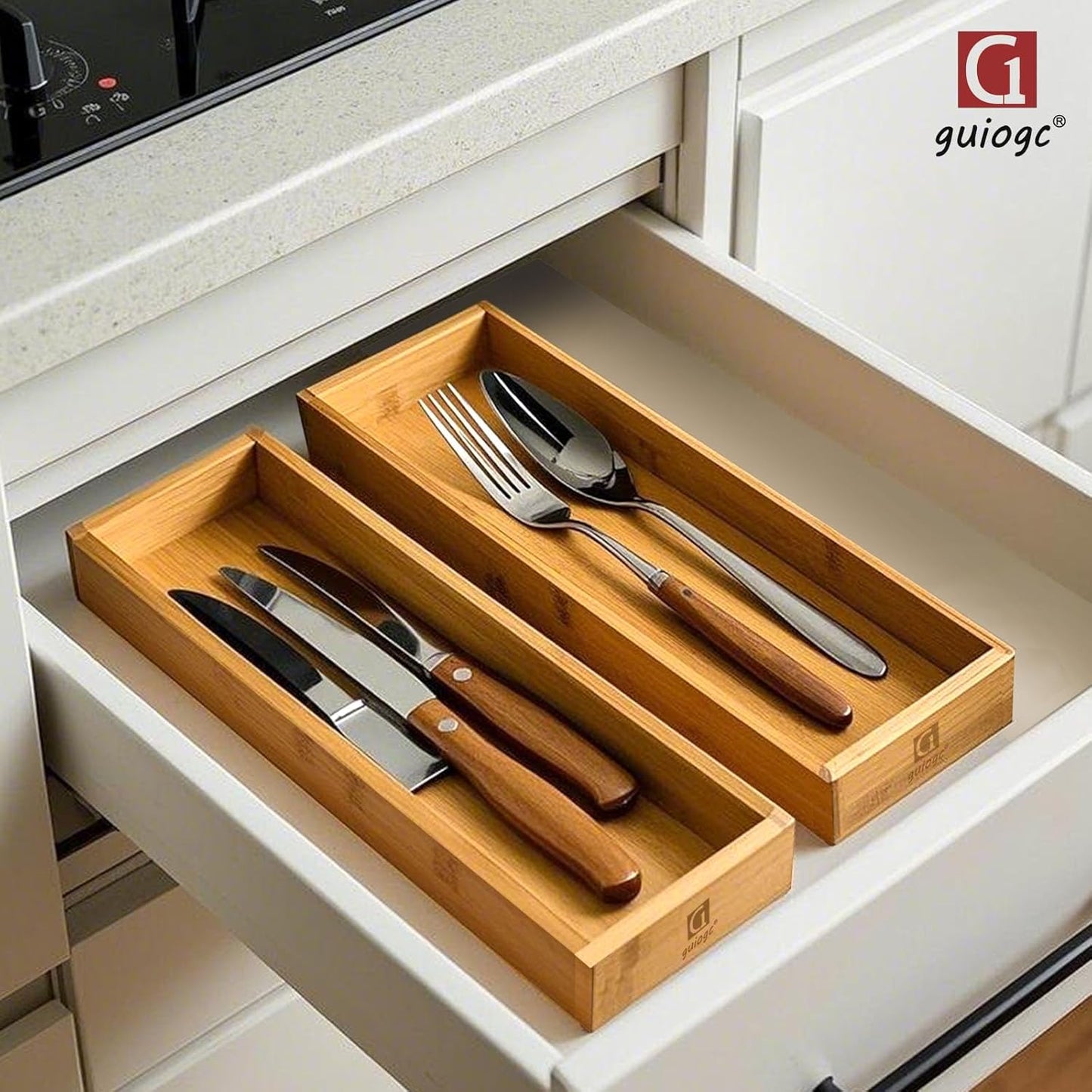 guiogc Bamboo Drawer Silverware Organizer, Silverware Tray, Flatware Organizer, Bamboo Storage Box Suitable for Office, Bathroom and other objects storage (14.2"x5"x2"-Set of 2)