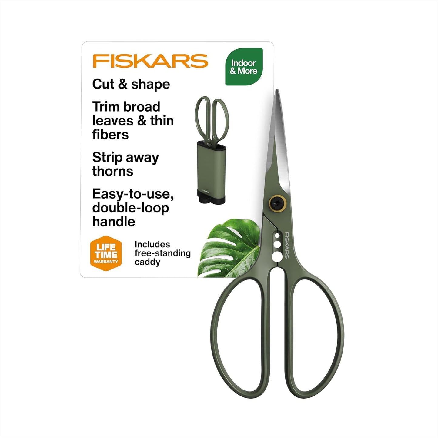 Fiskars Plant Shaping Shears & Holder, Precision Indoor Gardening Snips with Storage Caddy, Forged Stainless Steel Blades for Clean Cuts on Broad Leaves, Ambidextrous Handles & Stem Stripper, 6"