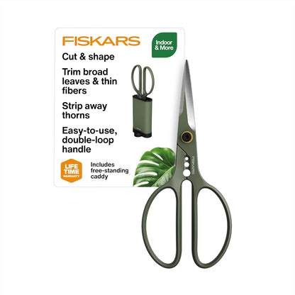 Fiskars Plant Shaping Shears & Holder, Precision Indoor Gardening Snips with Storage Caddy, Forged Stainless Steel Blades for Clean Cuts on Broad Leaves, Ambidextrous Handles & Stem Stripper, 6"