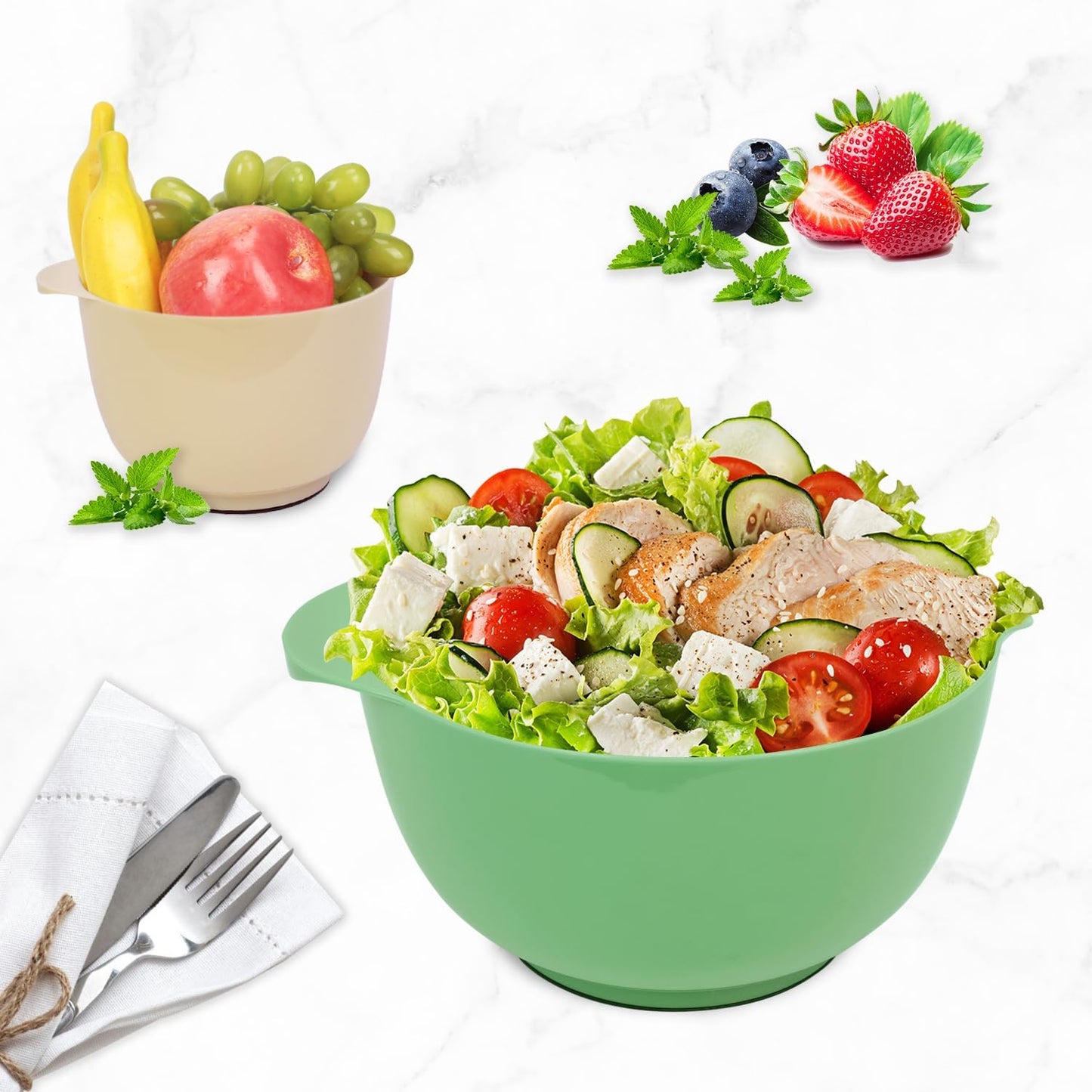 BoxedHome Green Ombre Nesting Plastic Mixing Bowl Set With Pour Spout, Microwave and Dishwasher Safe, BPA free Non-Slip Base, Set of 4 Size 1.7, 2.5, 3.5 and 4.5qt, Great for Prepping, Baking, Cooking