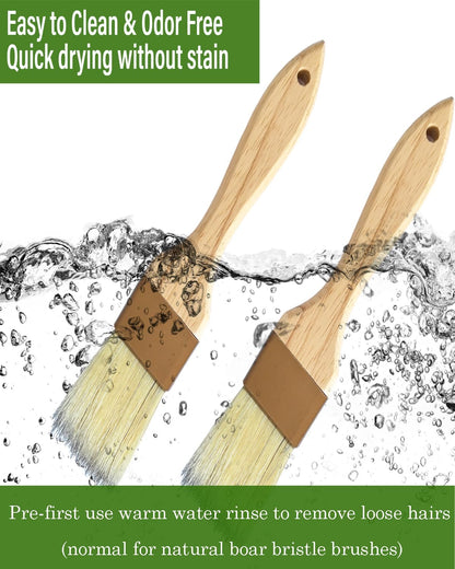 Pastry Basting Brush - Food Brushes, Non-Shedding Natural Boar Bristle, Heat Resistant Wooden Handle, Durable Kitchen Tool for Baking, Cooking, Butter, Egg Wash, Glazing, Oil, Sauce (1" & 1", 2 pc)