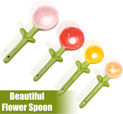 Flower Pot Measuring Spoons Set, Ceramic Baking Cup with Base Stand Holder, Decorative Cute Figurine for Dry & Wet Ingredients, Kitchen, Home & Gift - 1 Tbsp, 1 Tsp, 1/2 Tsp, 1/4 Tsp, Dishwasher Safe