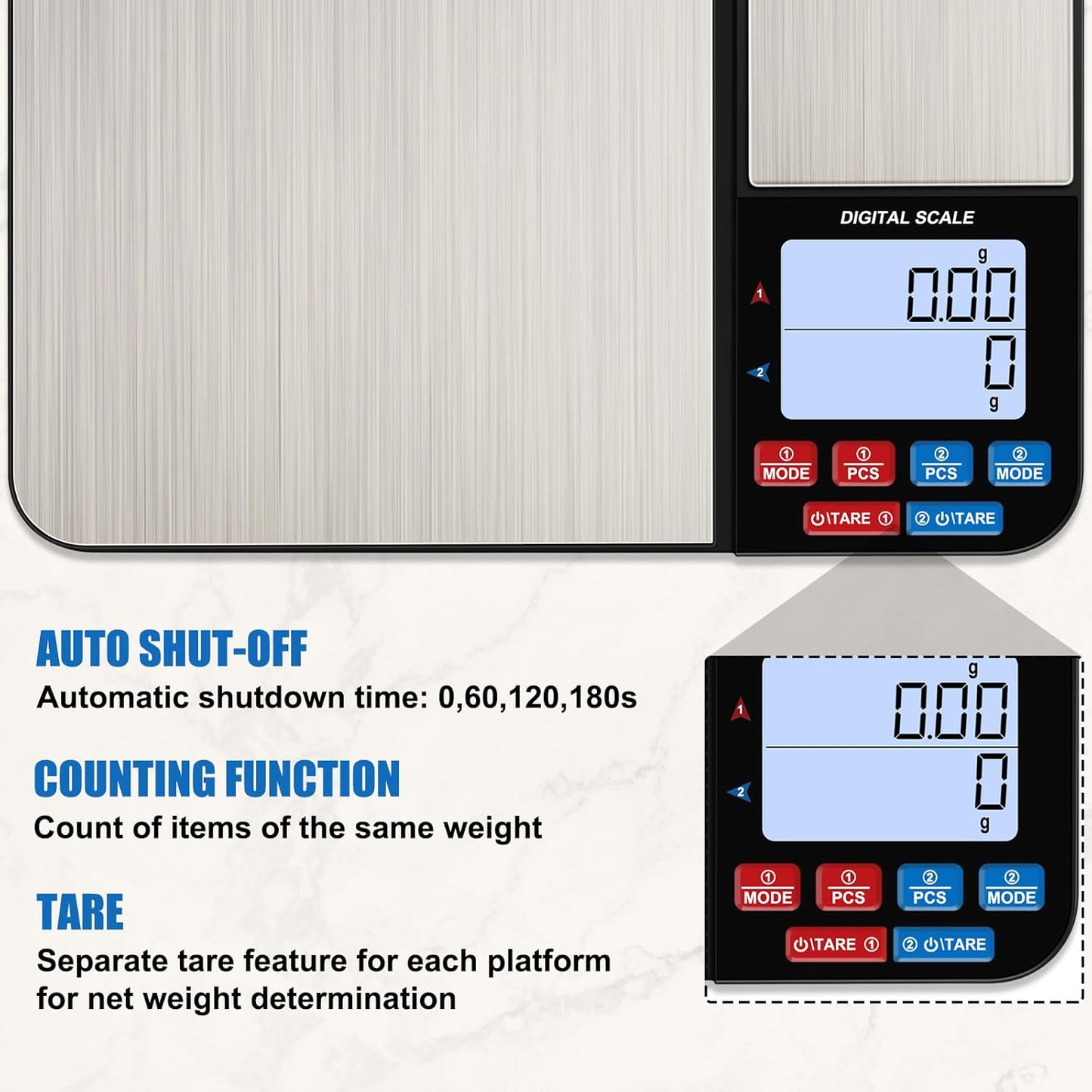 33lb Digital Kitchen Scale Large Weighing Area (9 in), Diyife Professional Electronic Food Scale, Stainless Steel Household Scale, Touch Control, LCD Display, Hangable, 6 Units, Tare, with Batteries