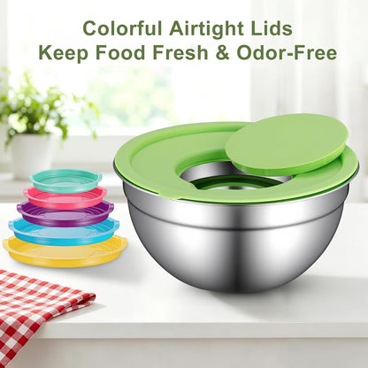 Stainless Steel Mixing Bowls with Lids Set, 6 Nesting Kitchen Bowls 0.7-4 QT, Metal Mixing Bowls with 3 Grater Attachments, Dishwasher Safe for Prep, Mixing, Serving & Storage