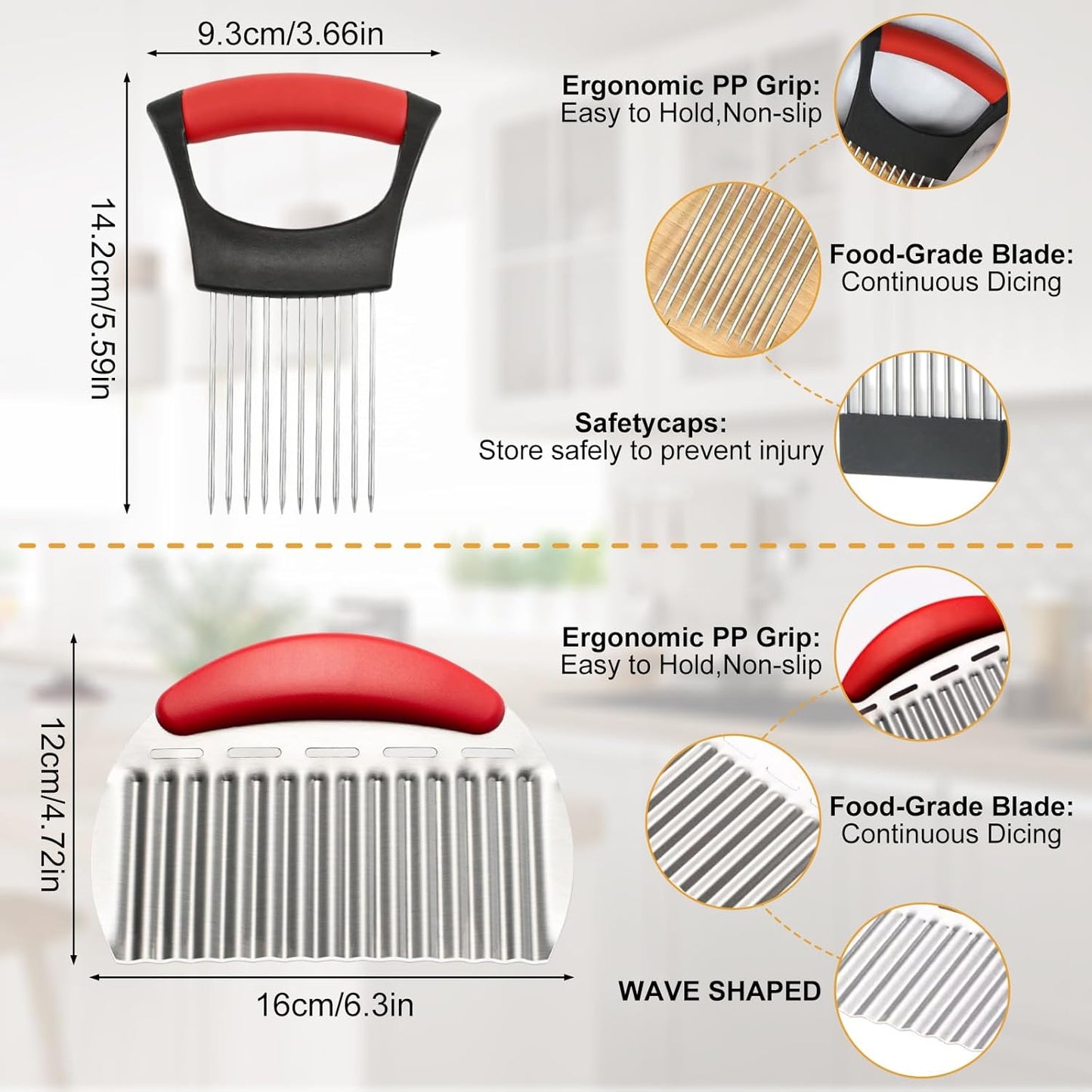 Onion Holder for Slicing, Stainless Steel Onion Cutter Guide for Even Slices, Vegetable Holder Tool with French Fry Cutter, Safe Kitchen Prep Tool