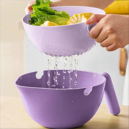 2-1 Kitchen Colander Rotating Washing Basket with Handle - Pasta Strainer - Fruit Washing Bowl with Strainer - Fruit Rinser Container (Avocado Green)