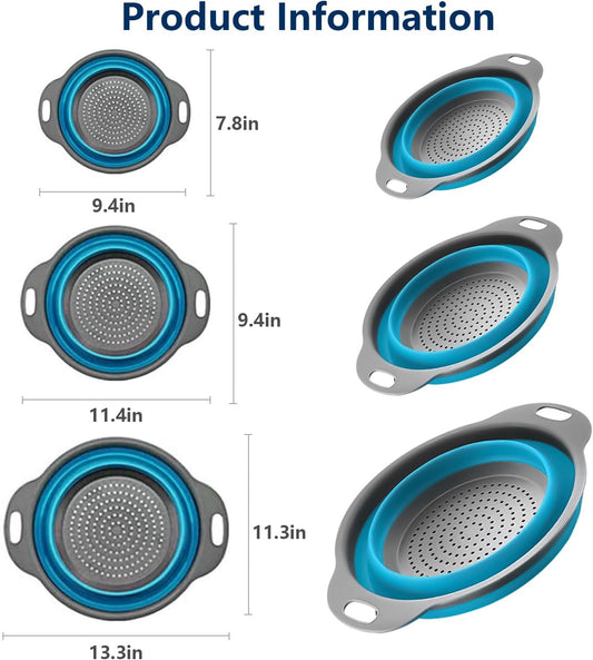 Collapsible Colander Set of 3 - Heat Resistant Washing and Draining of Vegetables Fruits Pasta - Perfect for Kitchen and Travel Use (3PCS-Blue)