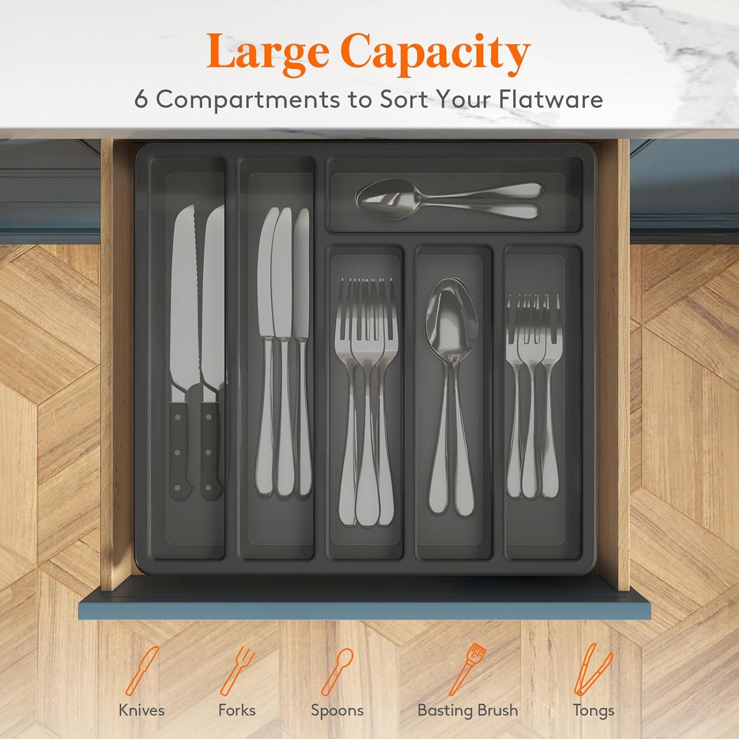 Lifewit Silverware Organizer with Lid, Covered Utensil Tray for Kitchen Drawer and Countertop, Plastic Cutlery and Flatware Storage Box for Spoons Forks Knives Holder Case, 12.6x11.8", Gray