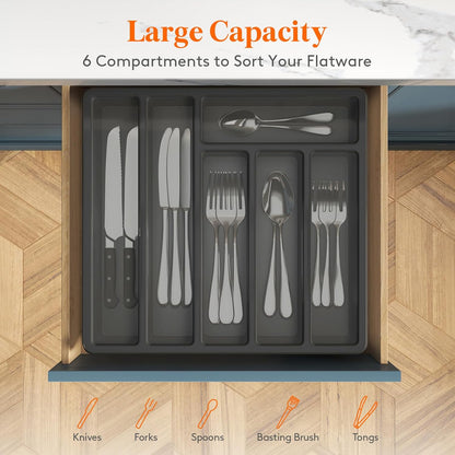 Lifewit Silverware Organizer with Lid, Covered Utensil Tray for Kitchen Drawer and Countertop, Plastic Cutlery and Flatware Storage Box for Spoons Forks Knives Holder Case, 12.6x11.8", Gray