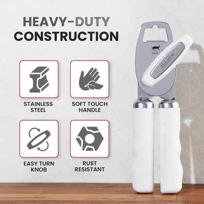 Zulay Kitchen Heavy Duty Stainless Steel Can Opener Manual with Bottle Opener - Rust Proof Manual Can Opener With Turn Knob & Comfy Soft Grip Handles - Black - Colors B