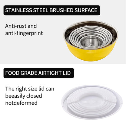 Red Mixing Bowls with Lids Set of 7, Stainless Steel Nesting Bowl with Khaki Lid for Non-slip Mixing Prepping Storing Serving, 7 Sizes-7/3.6/2.7/2.1/1.5/1/0.8 QT