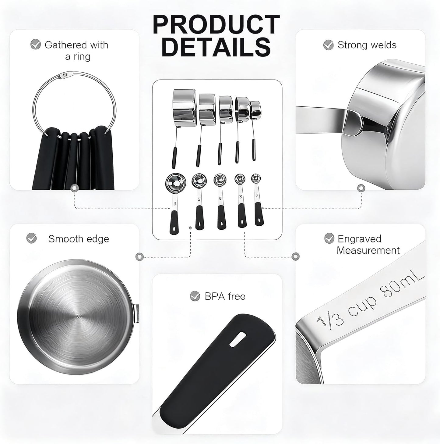 Bopei Measuring Cups and Spoons Set Stainless Steel 10 Piece for Cooking and Baking (5 Cups + 5 Spoons, Colorful Handles)