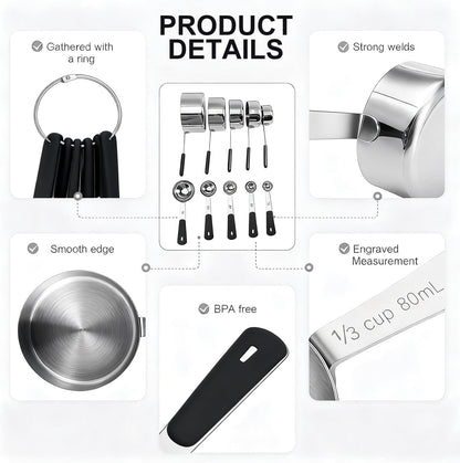 Bopei Measuring Cups and Spoons Set Stainless Steel 10 Piece for Cooking and Baking (5 Cups + 5 Spoons, Colorful Handles)