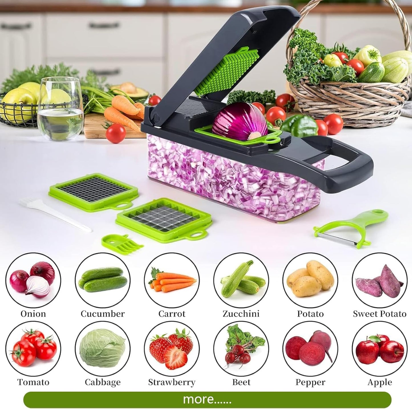 16 in 1 Vegetable Chopper and Food Chopper with Container, Onion Slicer Cutter Dicer, Veggie Cutter with 7 Blades for Carrot Salad Garlic Potato (Design 2)