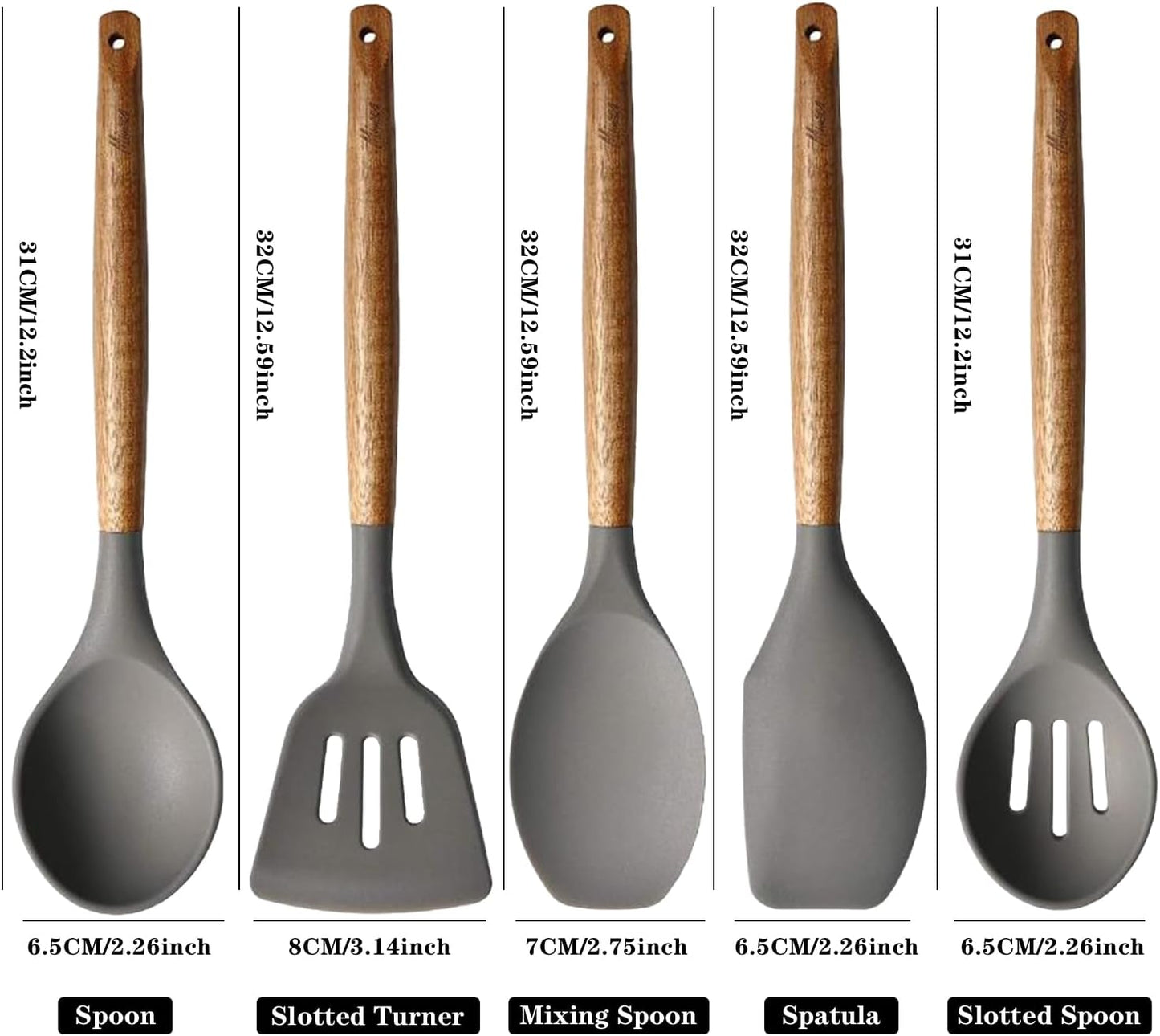 Kitchen Utensils Set, Silicone Cooking Utensils Set,Non-Stick Silicone Spatula Set with Natural Acacia Hard Wood Handle, 5 Piece, Upgraded Thickened Cookware