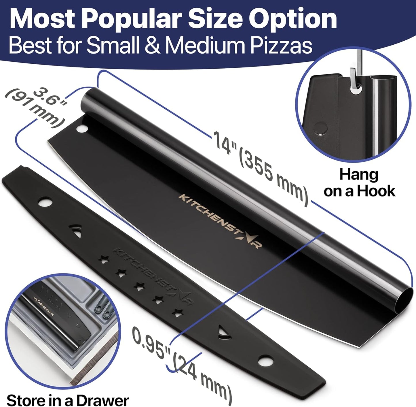 KitchenStar 14-Inch Pizza Cutter Rocker Blade - Sharp Stainless Steel Slicer Knife, Protective Cover, Dishwasher Safe, Large - Professional Pizza Oven Accessories