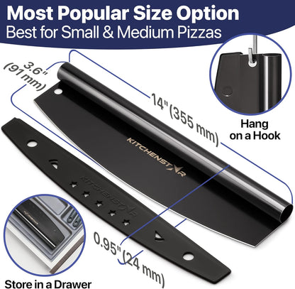 KitchenStar 14-Inch Pizza Cutter Rocker Blade - Sharp Stainless Steel Slicer Knife, Protective Cover, Dishwasher Safe, Large - Professional Pizza Oven Accessories