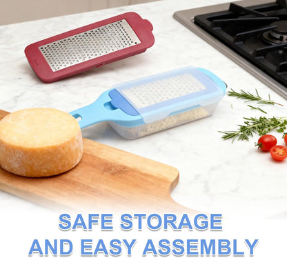 Hoypeyfiy Interchangeable Grater with Storage Box, Cheese Grater Kit Includes Coarse & Fine Stainless Steel Blades for Kitchen, Non-Slip Base for Stability