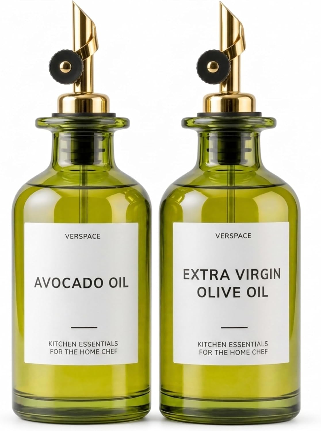 Verspace UV-Protected Green Glass Olive Oil Dispenser Bottles For Kitchen - 2 Pack - 12oz Includes 40 Kitchen Essential Labels, Avocado Oil Dispenser Set, Modern Decor for Home, Airbnb, Cafe