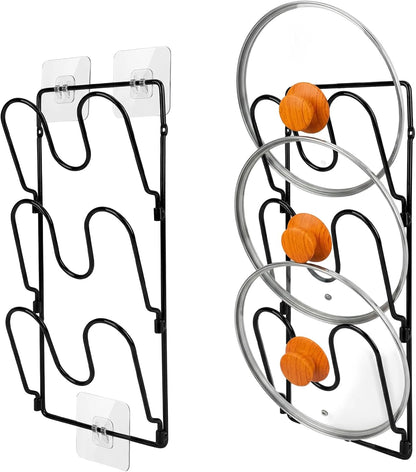 2 Pack Pot Lid Organizer Rack for Cabinet Door/Wall, 6-Tier Pot Lid Holders inside Cabinet Door, No Drilling Adhesive Wall/Door Mounted Rustproof Pots and Pans Lid Organizers for Kitchen Storage Black